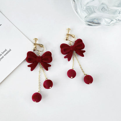 Red Flocking Bow Tie Ear Hook Earrings For New Year