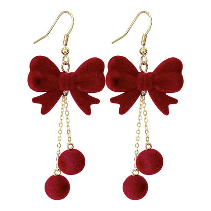 Red Flocking Bow Tie Ear Hook Earrings For New Year