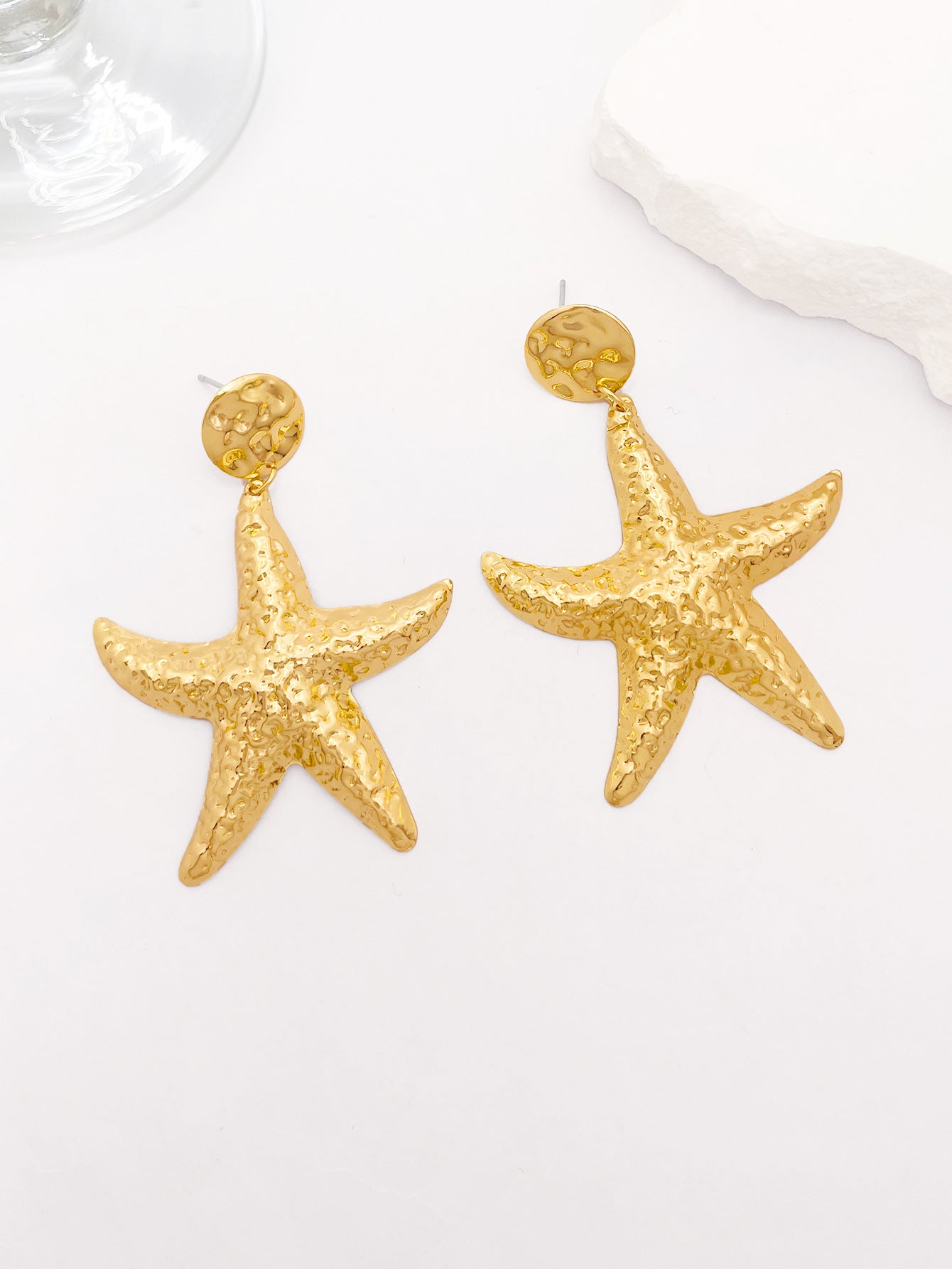 Starfish Drop Earrings For Women Featuring Hammered Golden Alloy Design