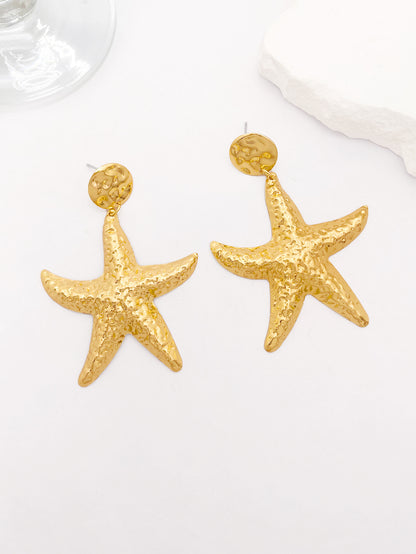 Starfish Drop Earrings For Women Featuring Hammered Golden Alloy Design