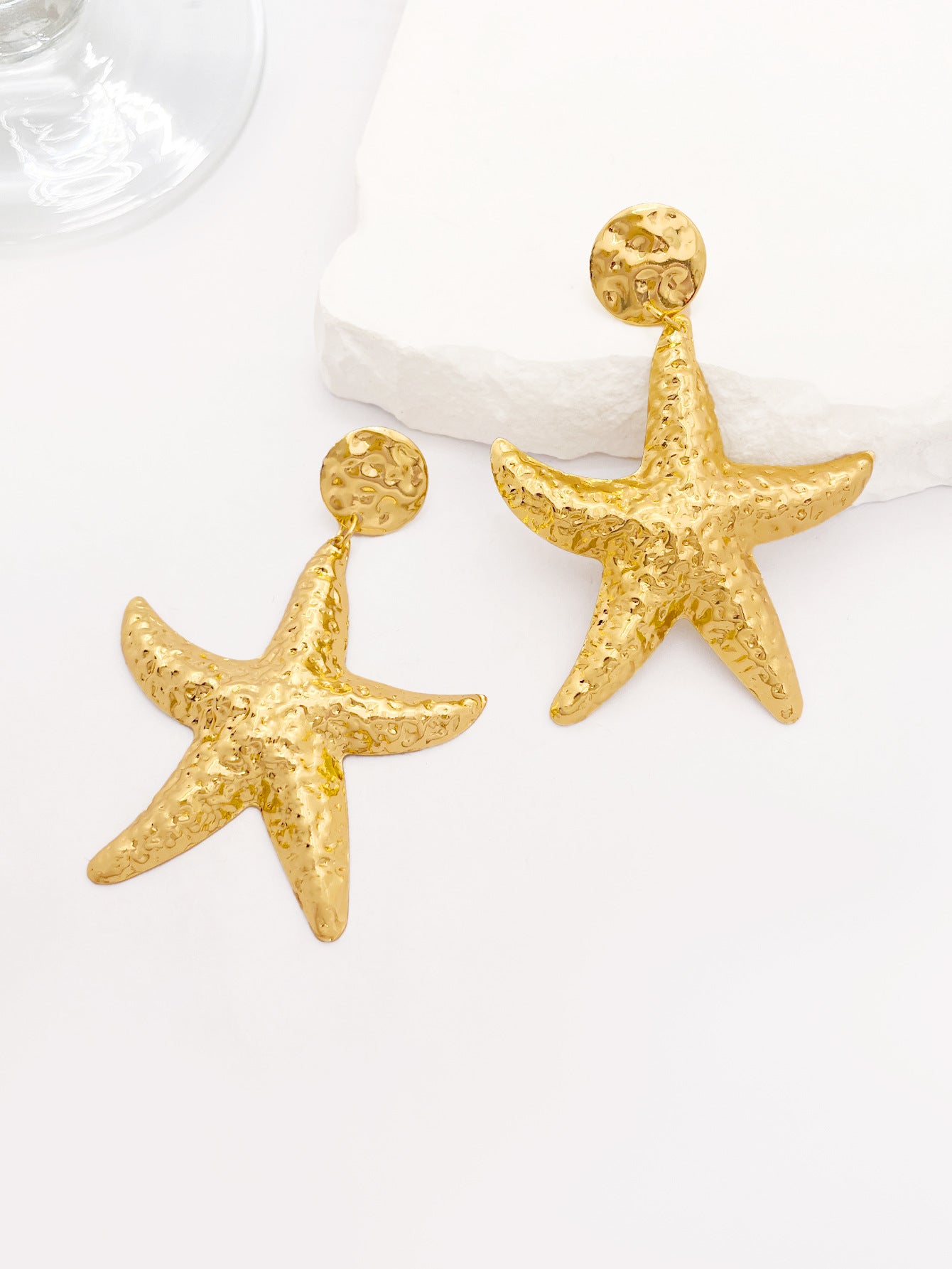 Starfish Drop Earrings For Women Featuring Hammered Golden Alloy Design