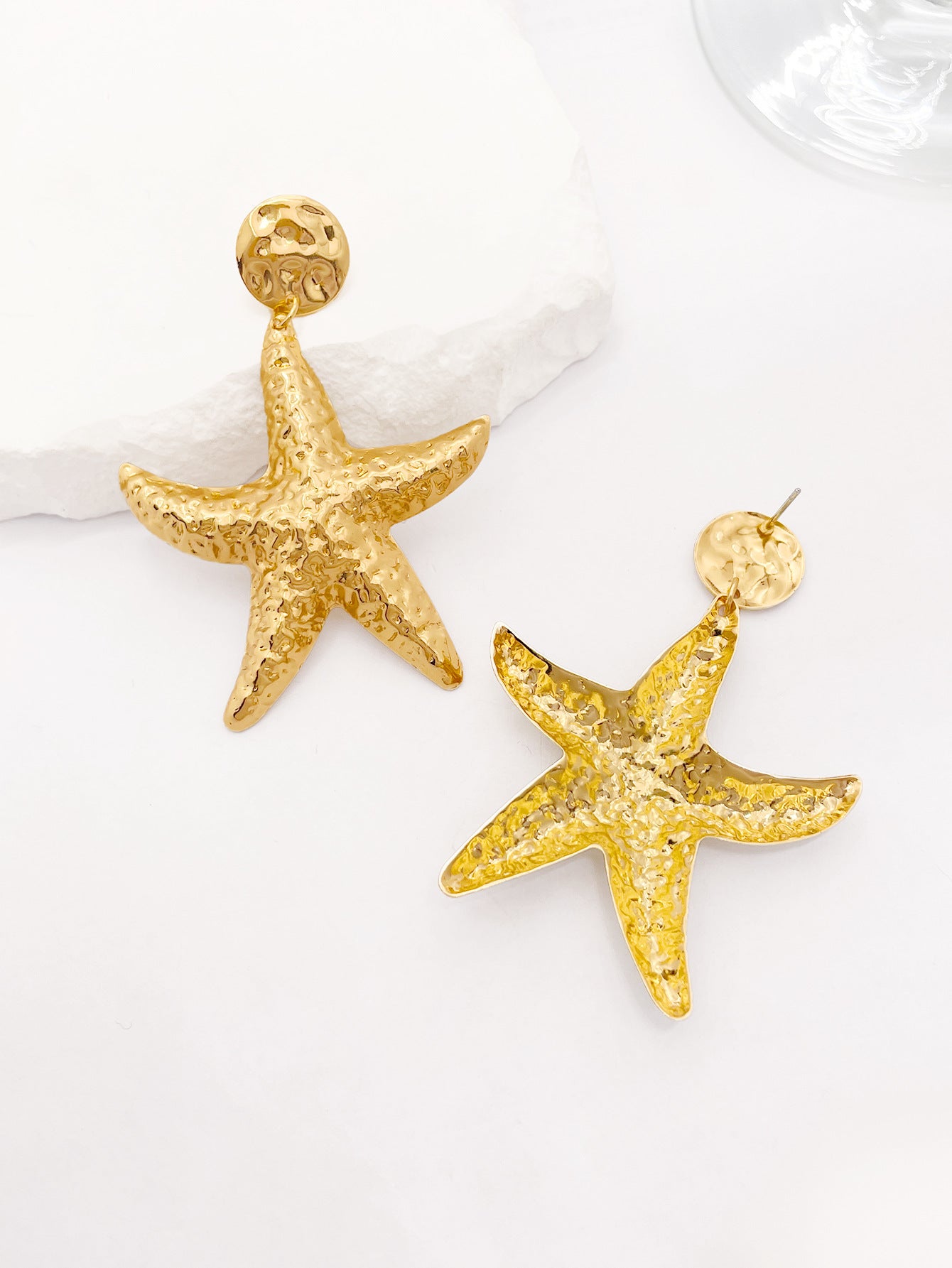 Starfish Drop Earrings For Women Featuring Hammered Golden Alloy Design