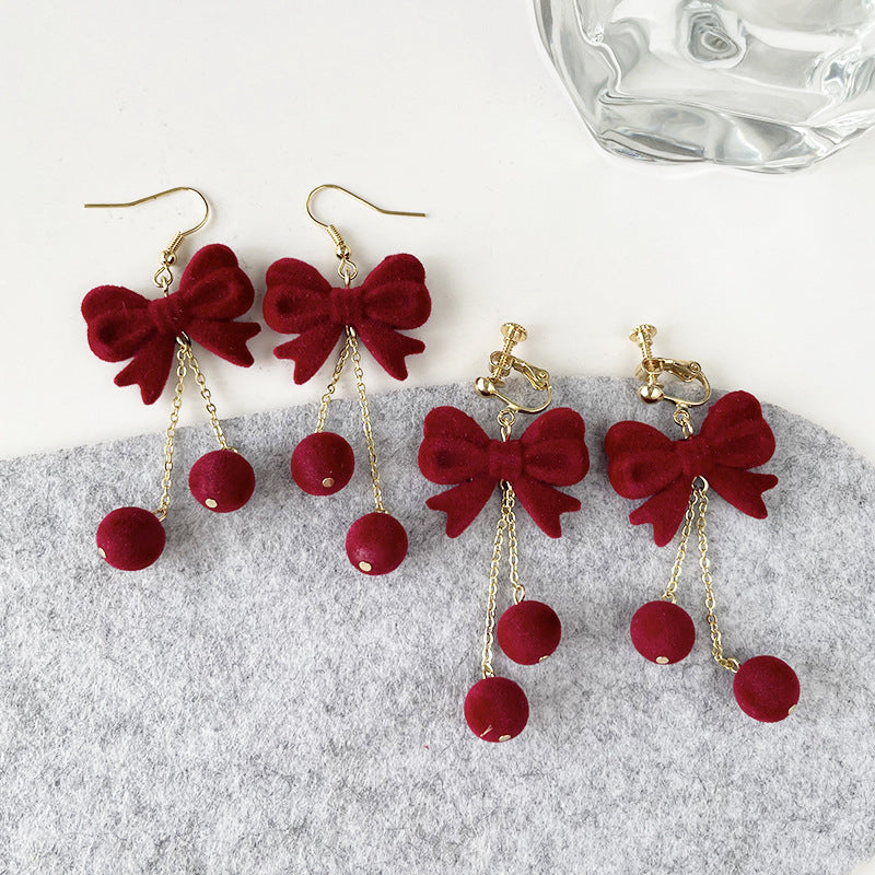 Red Flocking Bow Tie Ear Hook Earrings For New Year