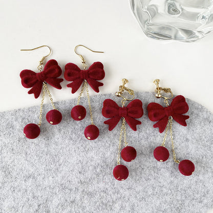 Red Flocking Bow Tie Ear Hook Earrings For New Year