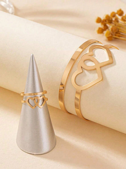 Double Heart Bangle For Women In Golden Alloy, 1 Set Elegant Jewelry Accessory