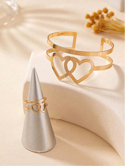 Double Heart Bangle For Women In Golden Alloy, 1 Set Elegant Jewelry Accessory