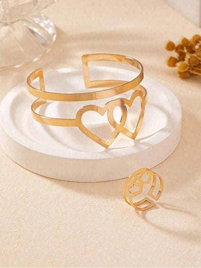 Double Heart Bangle For Women In Golden Alloy, 1 Set Elegant Jewelry Accessory