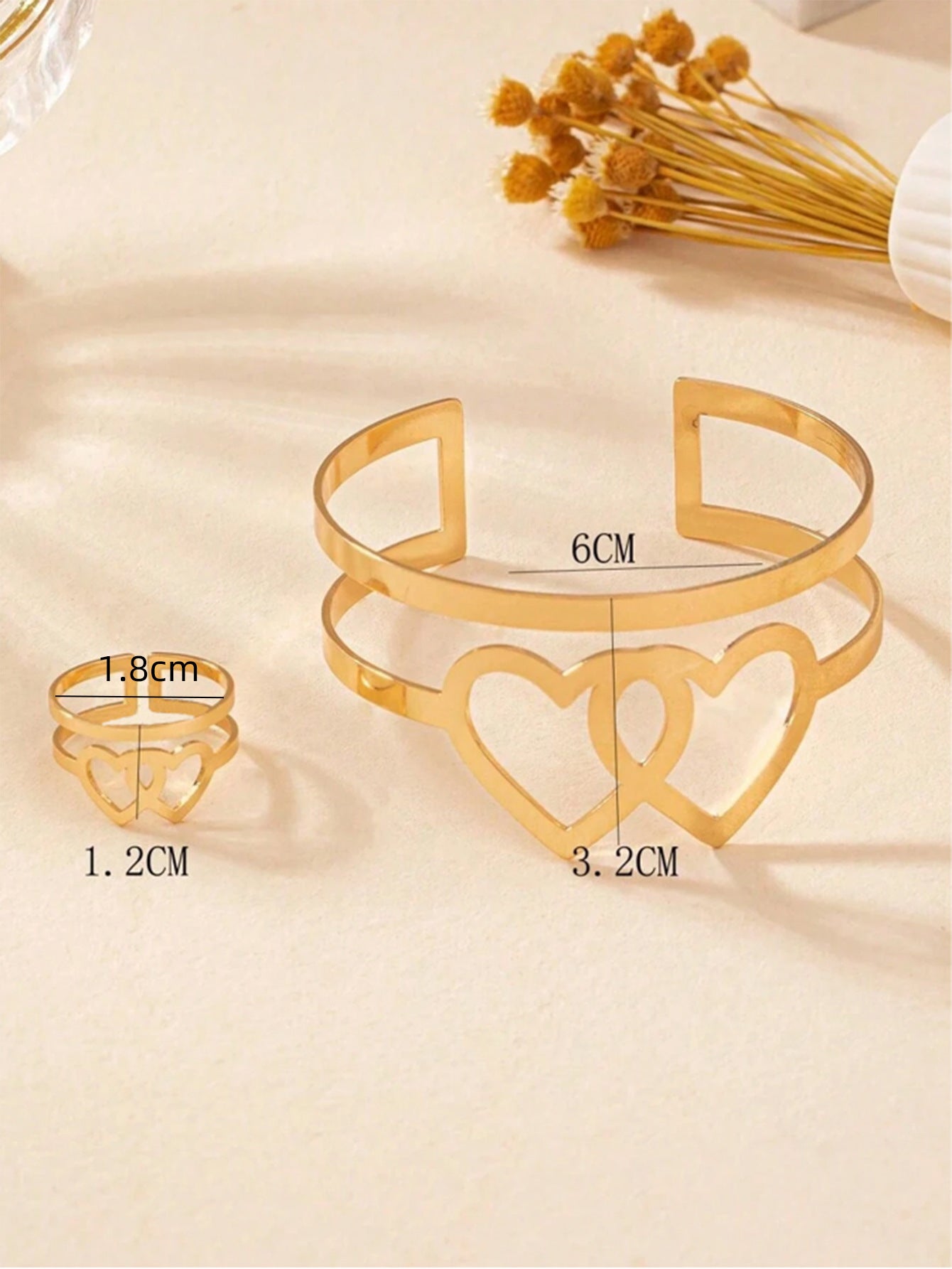 Double Heart Bangle For Women In Golden Alloy, 1 Set Elegant Jewelry Accessory