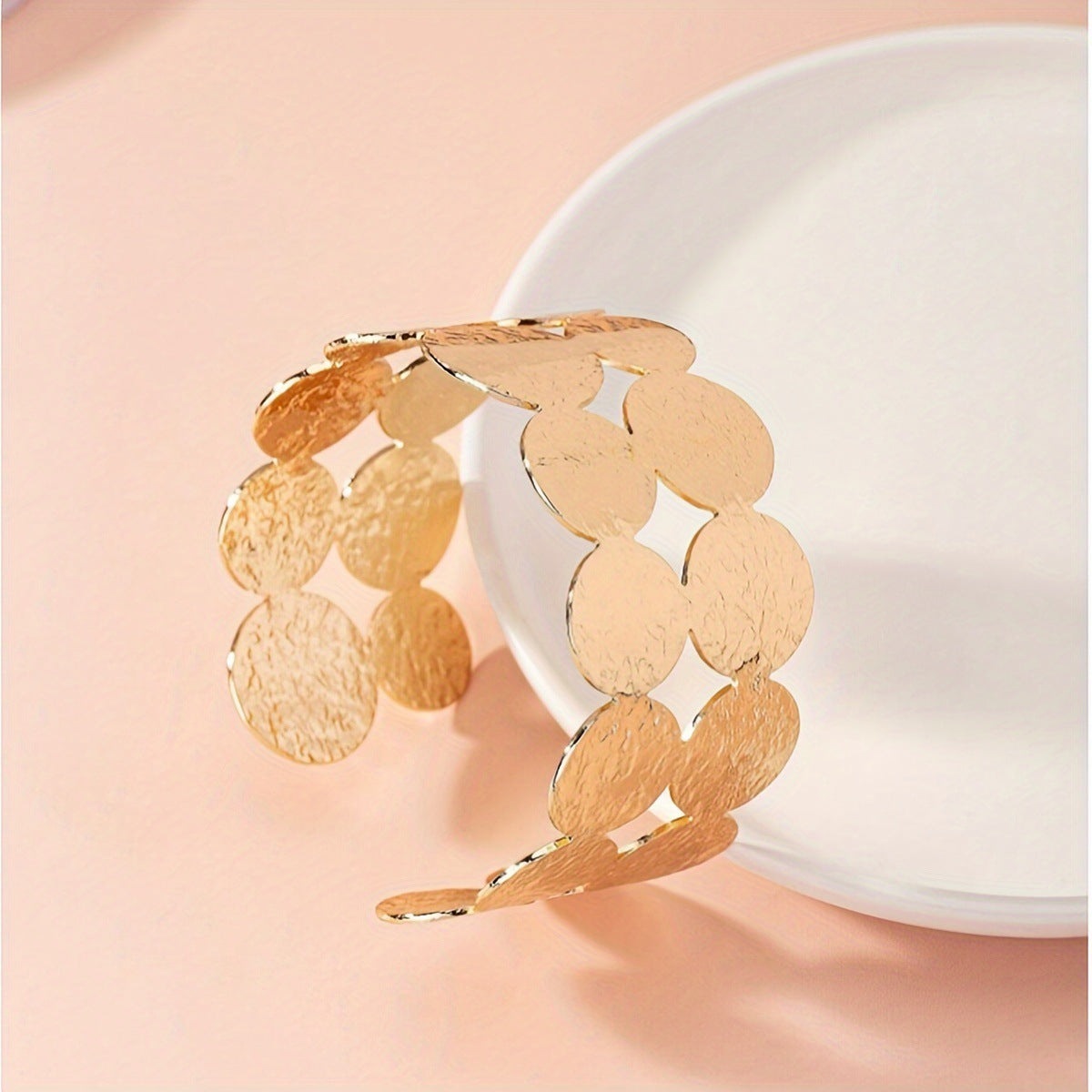 Double Ring Arm Cuff For Women In Golden Alloy, Stylish Bangle Jewelry Accessory