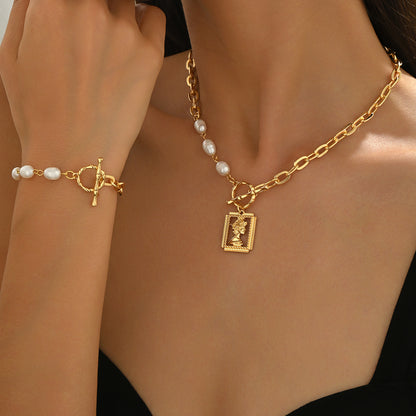 Golden Jewelry Set Featuring Portrait Design With OT Toggle Clasp For Elegant Wear