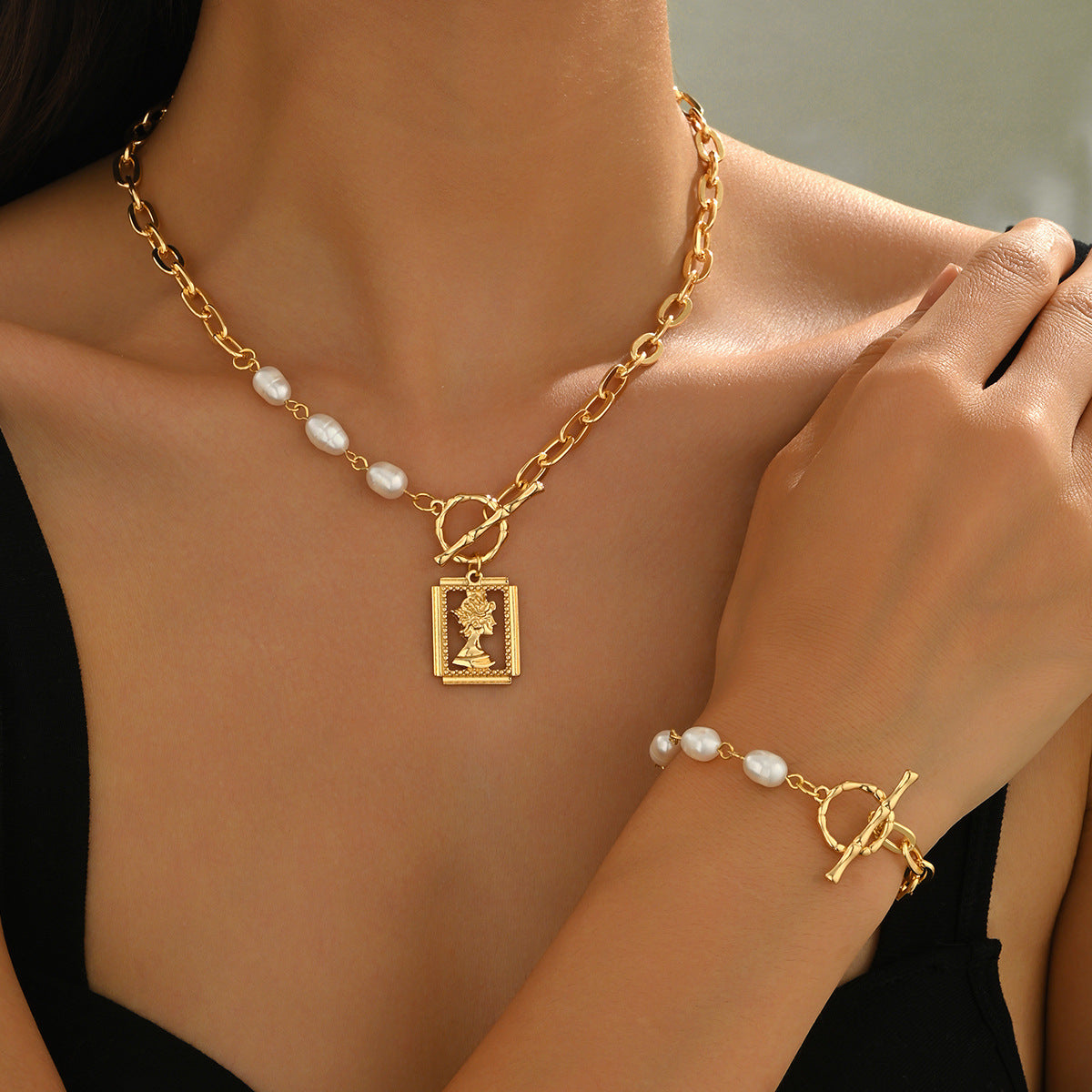 Golden Jewelry Set Featuring Portrait Design With OT Toggle Clasp For Elegant Wear