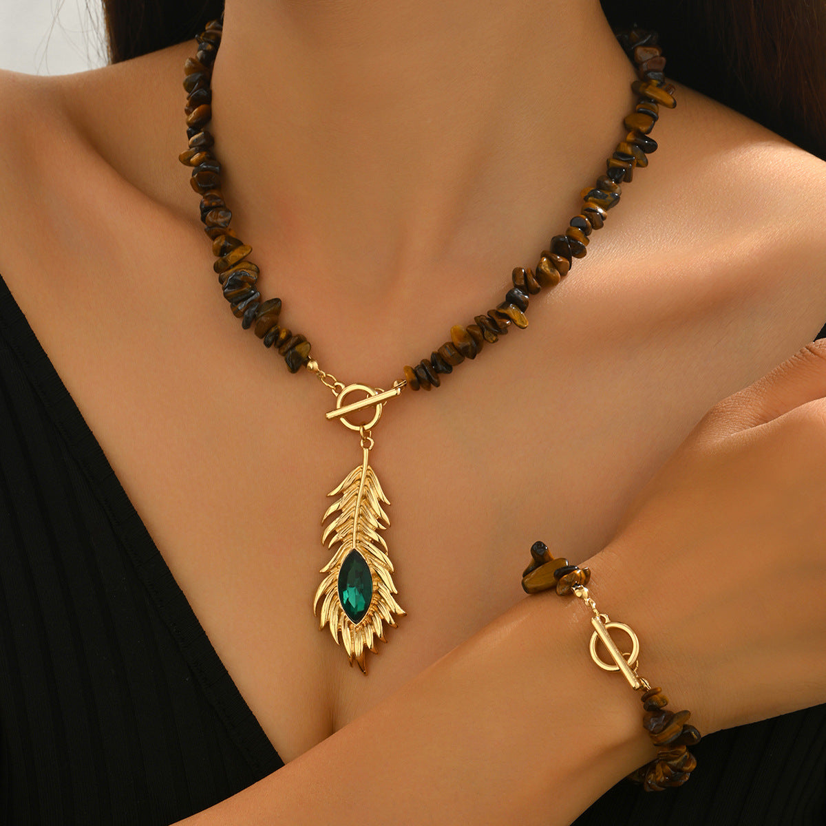Peacock Pattern Jewelry Set Featuring Black Obsidian In Elegant Design