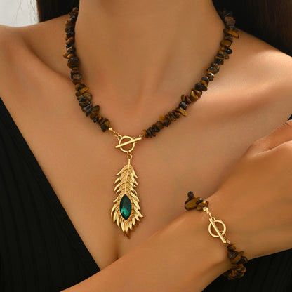 Peacock Pattern Jewelry Set Featuring Black Obsidian In Elegant Design