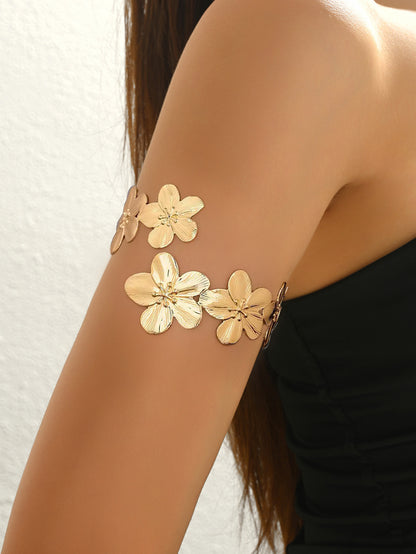 Elegant Golden Flowers Arm Cuff For Women Featuring Electroplated Metal Bangle Jewelry Accessory