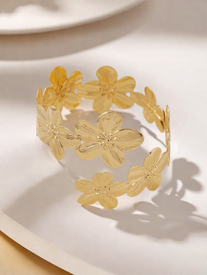 Elegant Golden Flowers Arm Cuff For Women Featuring Electroplated Metal Bangle Jewelry Accessory