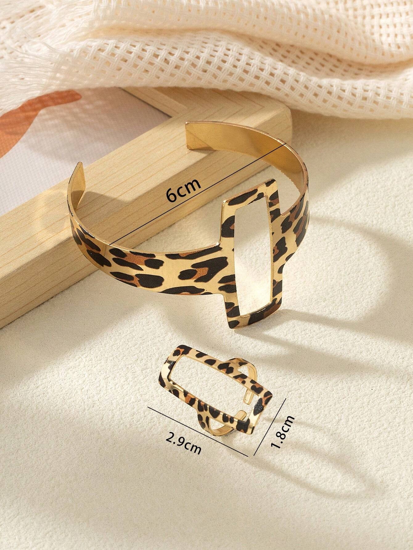 Geometric Metal Jewelry Set With Leopard Print Design