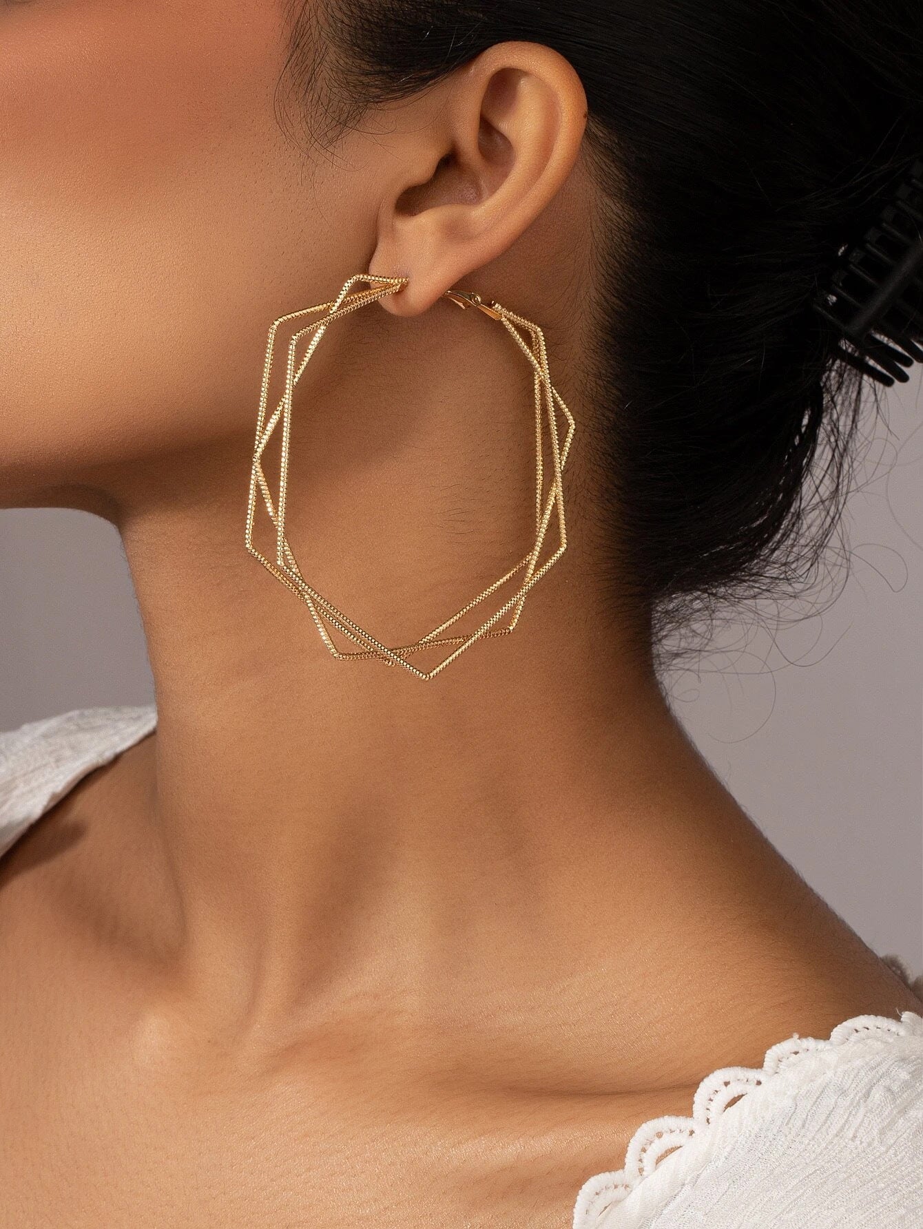 Geometric Earrings For Women In Golden Metal, Stylish And Modern Jewelry Accessories