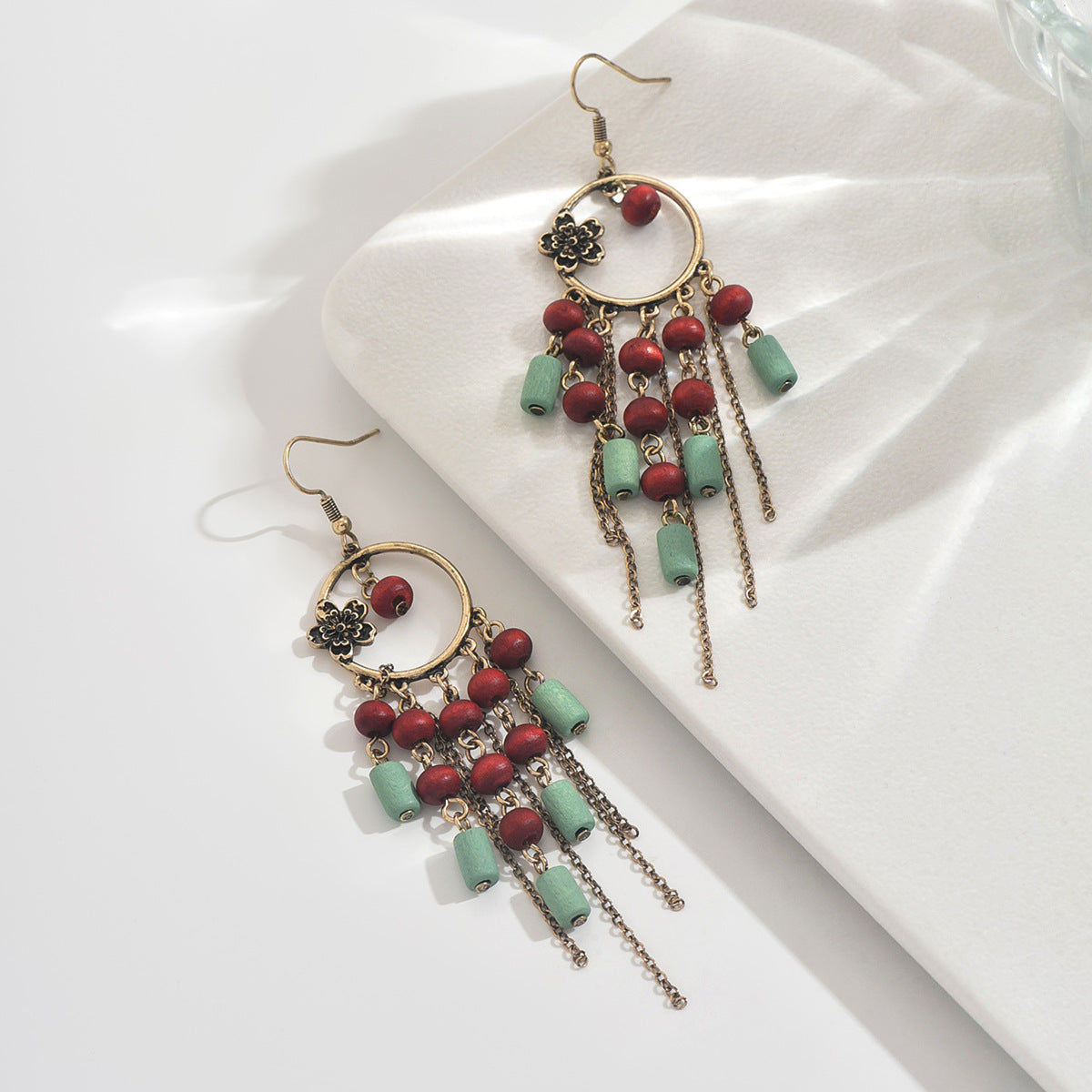 Ethnic Style Red Wood Flowers Drop Earrings For Elegant Everyday Wear
