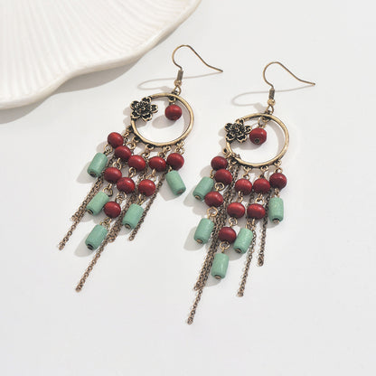 Ethnic Style Red Wood Flowers Drop Earrings For Elegant Everyday Wear