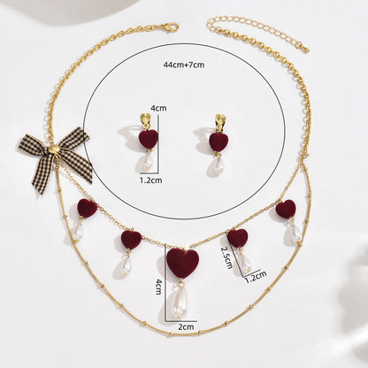 Valentine's Day Jewelry Set Featuring Heart Shape Design With Imitation Pearl In Red