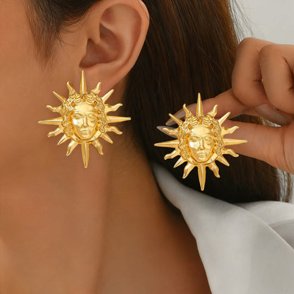 Hip-Hop Portrait Stud Earrings For Men And Women, Made Of Durable Alloy, Featuring A Stylish Golden Finish