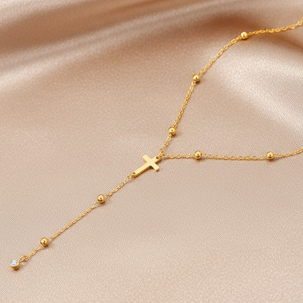 For Women Y-Necklace Lariat Necklace Featuring Cross Pendant In 18K Real Gold Plated 304 Stainless Steel With Zircon On Beaded Chain