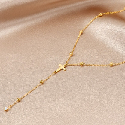 For Women Y-Necklace Lariat Necklace Featuring Cross Pendant In 18K Real Gold Plated 304 Stainless Steel With Zircon On Beaded Chain