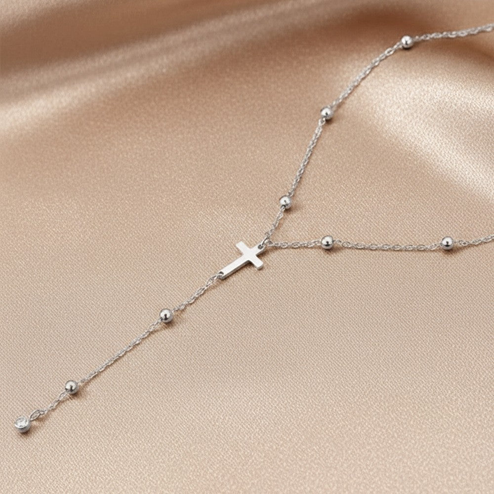 For Women Y-Necklace Lariat Necklace Featuring Cross Pendant In 18K Real Gold Plated 304 Stainless Steel With Zircon On Beaded Chain
