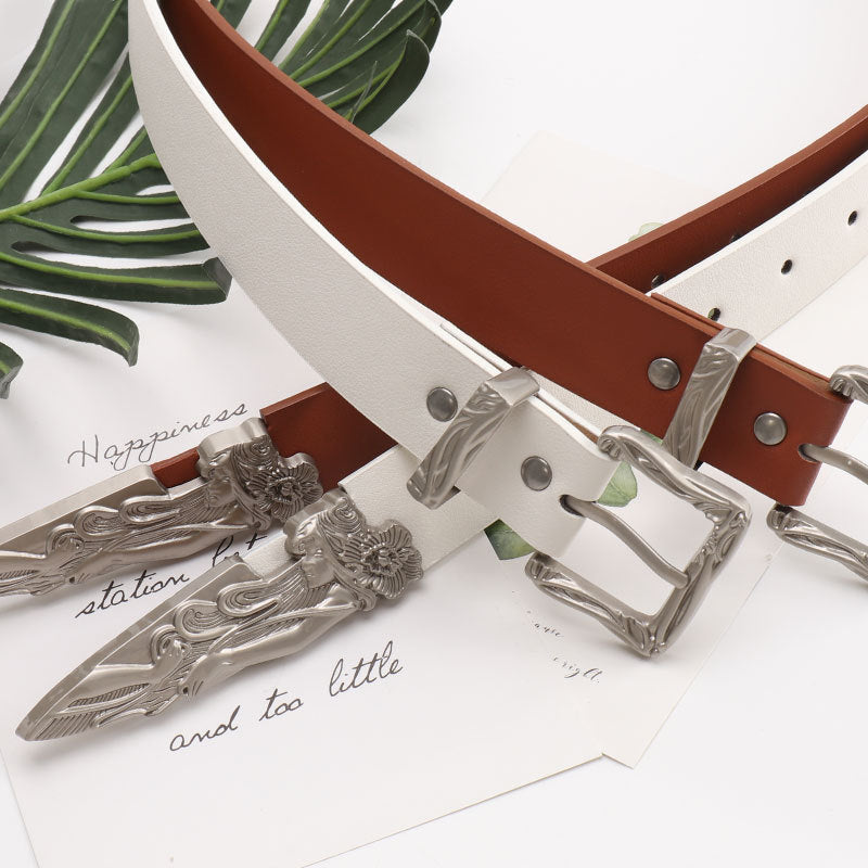 Mermaid Pattern Pu Leather Belt In White Featuring Elegant Design