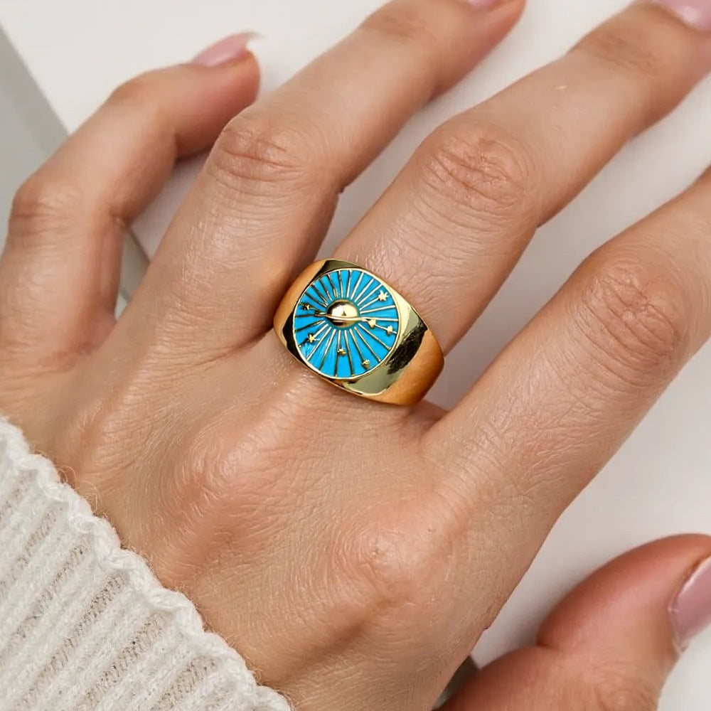 Moon Pattern Copper Ring With Enamel Craft, 1 Piece For Elegant Wear