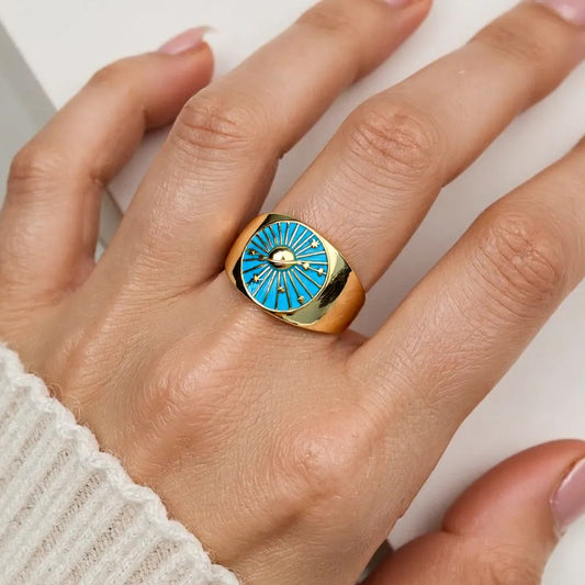 Moon Pattern Copper Ring With Enamel Craft, 1 Piece For Elegant Wear