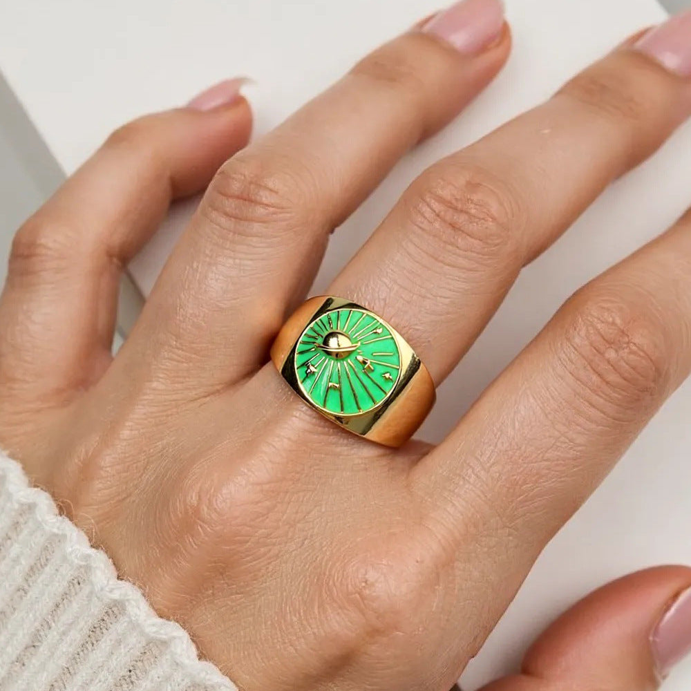 Moon Pattern Copper Ring With Enamel Craft, 1 Piece For Elegant Wear