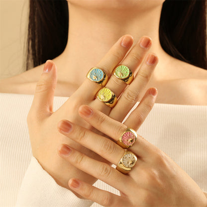 Moon Pattern Copper Ring With Enamel Craft, 1 Piece For Elegant Wear