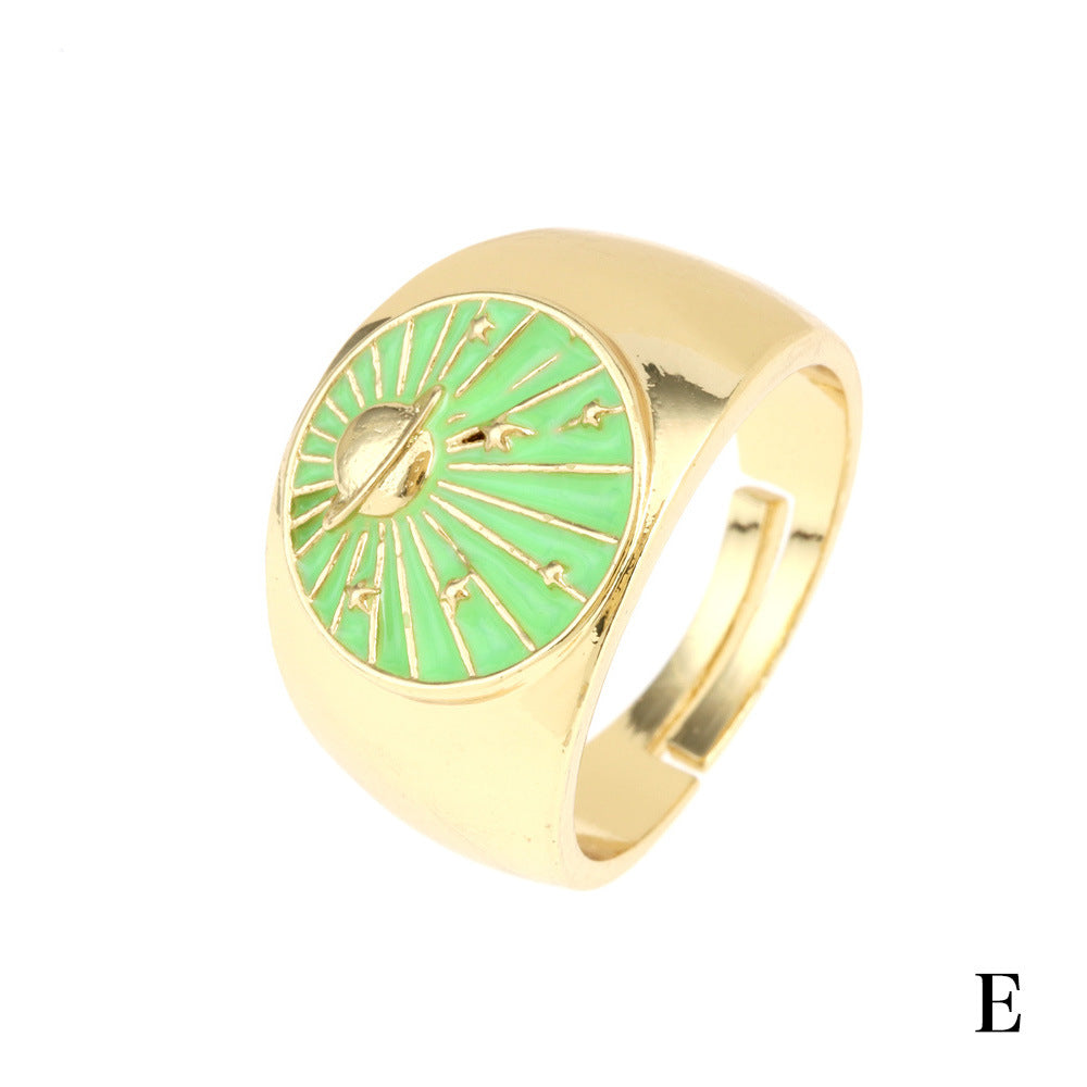 Moon Pattern Copper Ring With Enamel Craft, 1 Piece For Elegant Wear