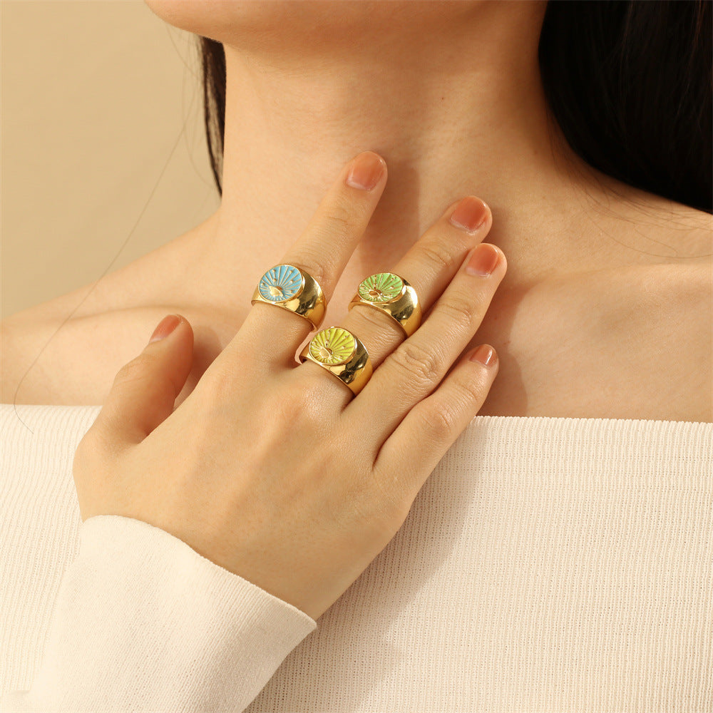 Moon Pattern Copper Ring With Enamel Craft, 1 Piece For Elegant Wear