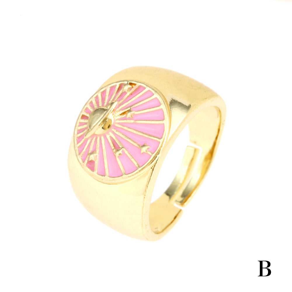 Moon Pattern Copper Ring With Enamel Craft, 1 Piece For Elegant Wear