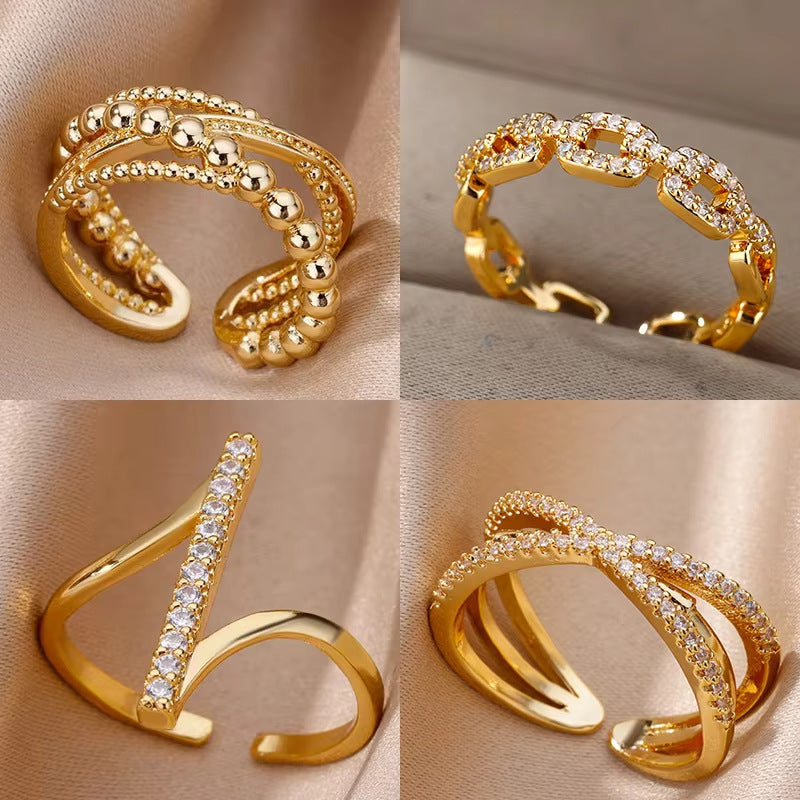 Geometric Open Rings For Women In Copper With 18K Real Gold Plated Finish Featuring Zircon Inlay