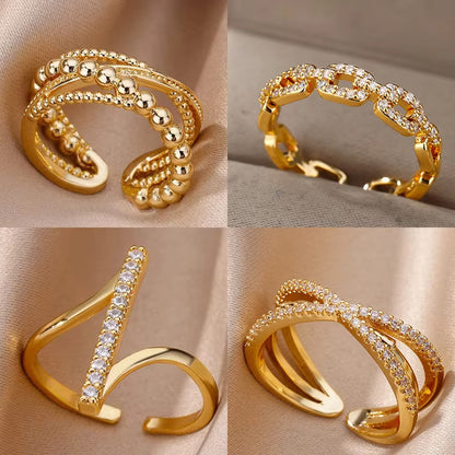 Geometric Open Rings For Women In Copper With 18K Real Gold Plated Finish Featuring Zircon Inlay