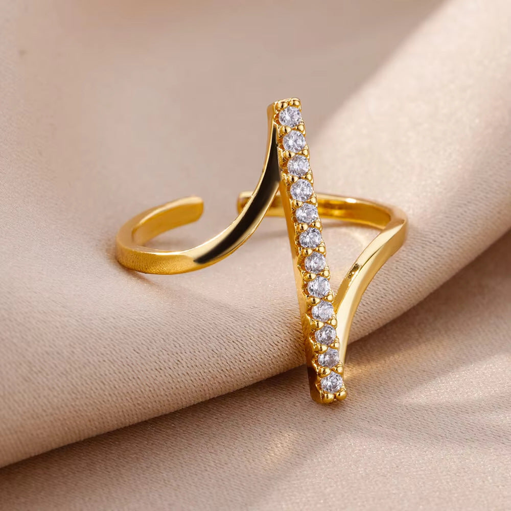 Geometric Open Rings For Women In Copper With 18K Real Gold Plated Finish Featuring Zircon Inlay