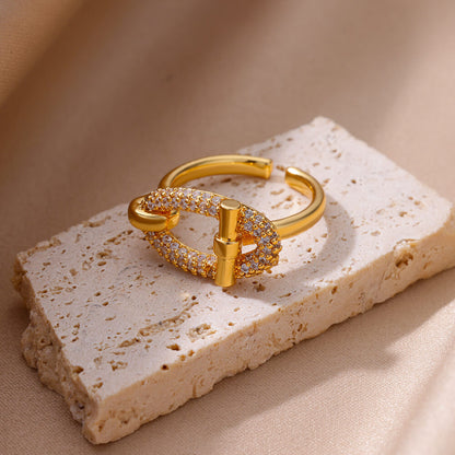 For Open Rings In Copper With 18K Real Gold Plated And Zircon Inlay, Golden Wedding Jewelry Accessory