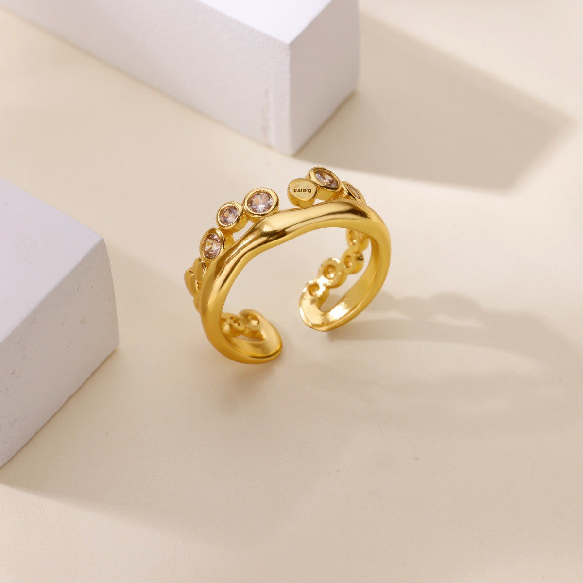 Ball Pattern Open Rings For Women In Copper With 18K Real Gold Plated Finish, Available In Golden
