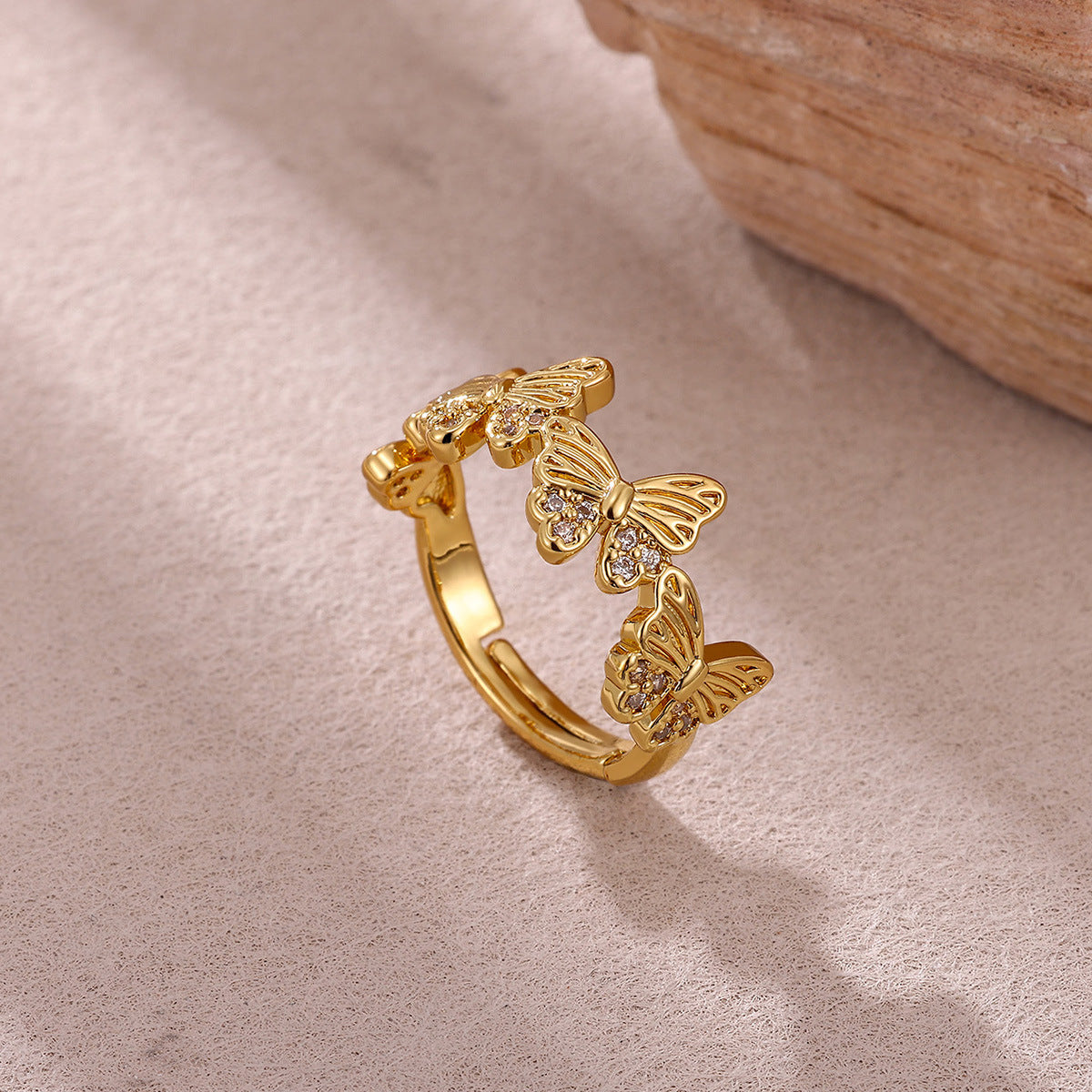 Butterfly Open Ring For Women In Copper With Zircon Inlay, Available In Golden