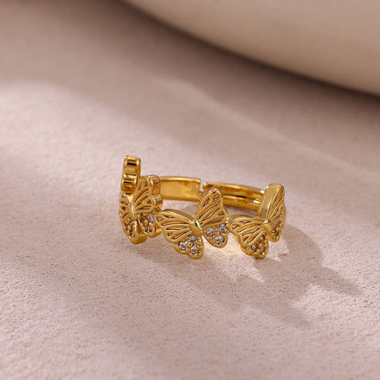 Butterfly Open Ring For Women In Copper With Zircon Inlay, Available In Golden