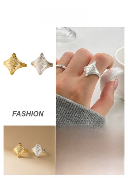 Rhombus Pattern Alloy Ring With Brushed Finish In Silver, 1 Piece