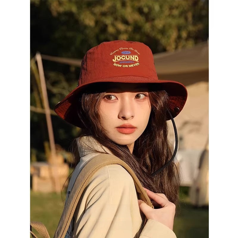 Bucket Hat With Letter Pattern In Red, Made Of Cotton, Perfect For Summer Wear