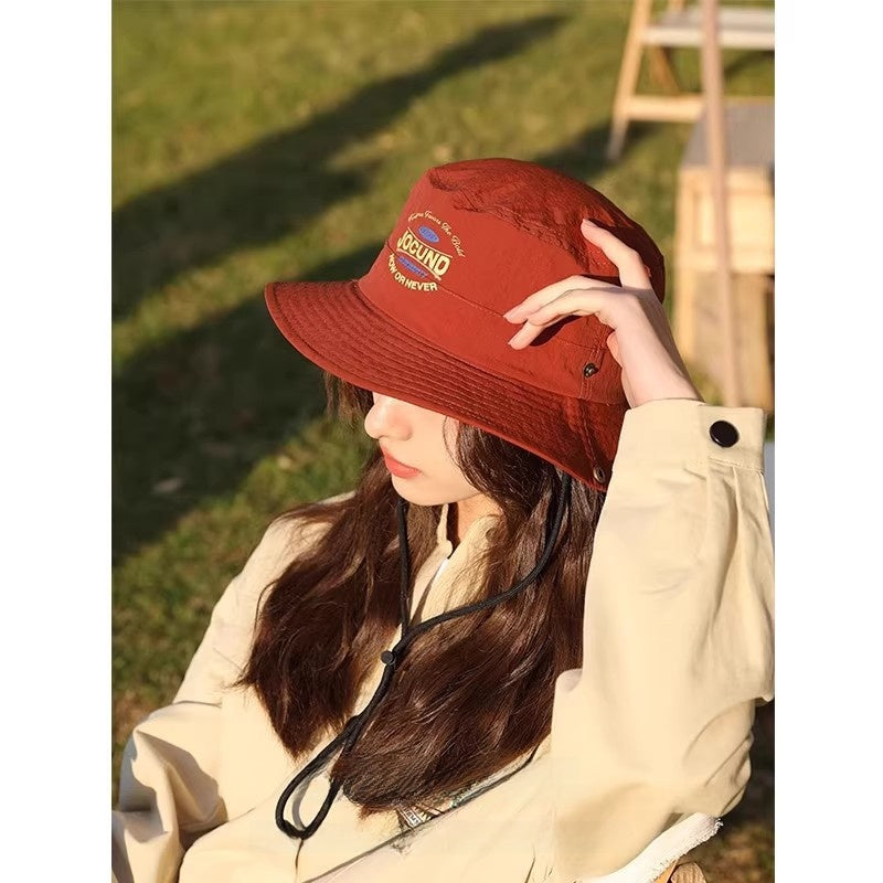 Bucket Hat With Letter Pattern In Red, Made Of Cotton, Perfect For Summer Wear
