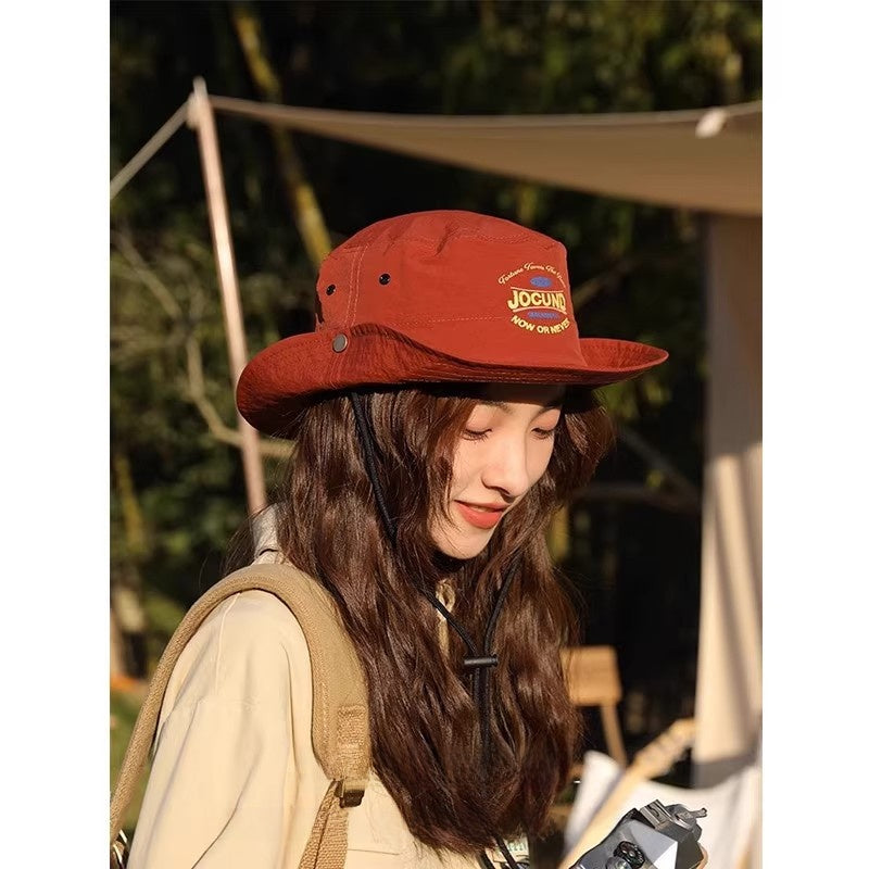 Bucket Hat With Letter Pattern In Red, Made Of Cotton, Perfect For Summer Wear