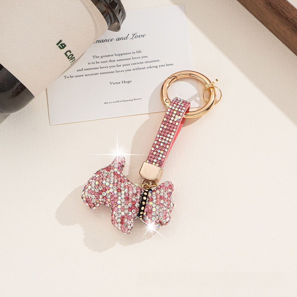 Pink Dog Keychain Featuring Rhinestone Inlay, Stylish Rhinestone Material Accessory
