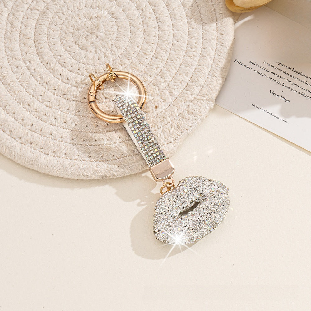 Lips Rhinestone Keychain In White, Stylish Keychain Accessory With Sparkling Design