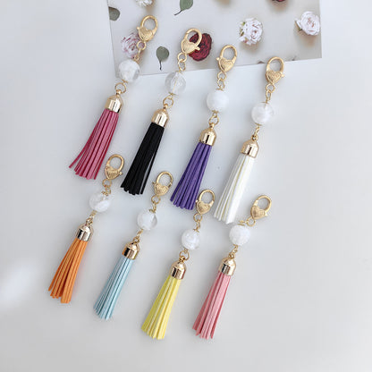 Tassel Bag Pendant In White Featuring PU Leather Material, Stylish Keychain Accessory